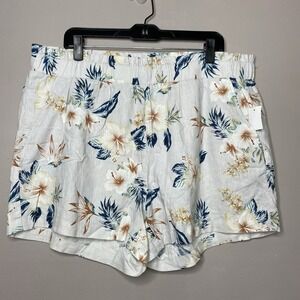 Stitch Star Women Pull On Elastic Waistband Linen Blend Floral Shorts Plus Sz 2X